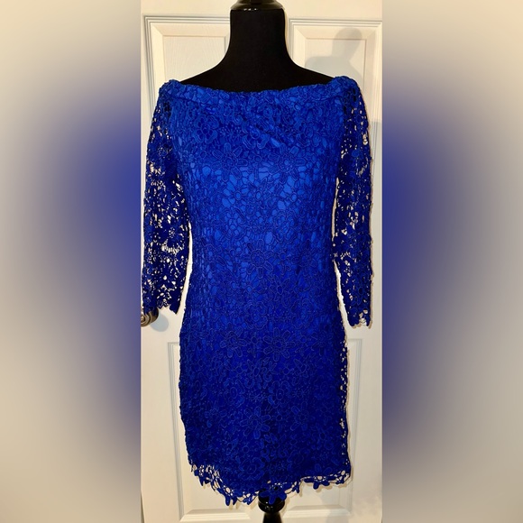 Bebe Dress Off Shoulder Crochet Lace 3/4 Sleeve Cobalt Blue Dress Sz 12 - Picture 3 of 7